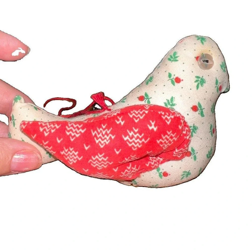 Vintage 80s Fabric Bird Ornament Handmade Cottagecore Christmas Craft